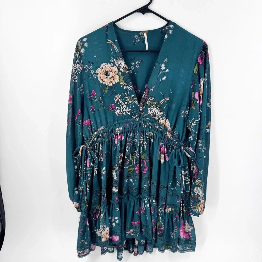 Free‎ People Teal Floral V-Neck Mini Dress OB1235281 Long Sleeve Boho XS - Picture 2 of 9